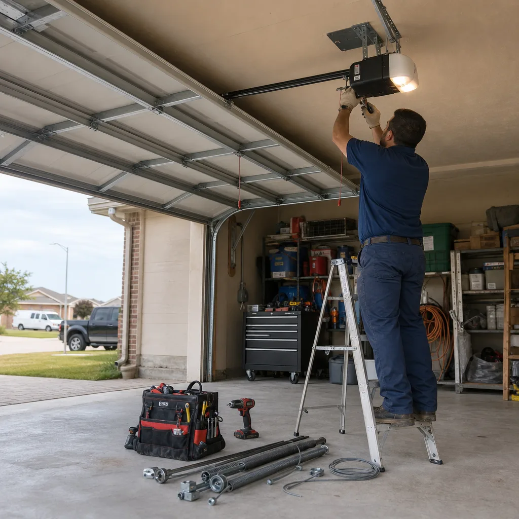 Technician performing professional garage door opener installation and repair service.