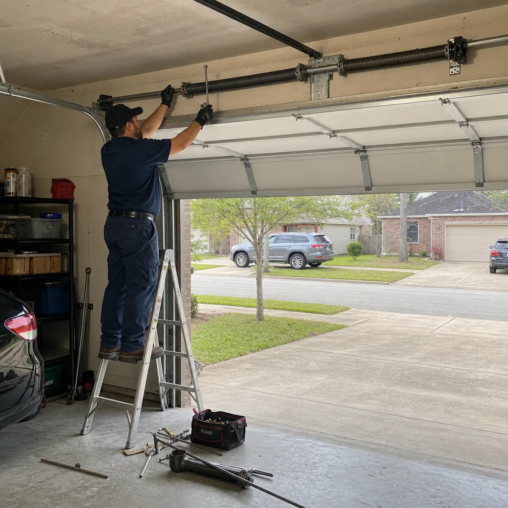 Technician performing professional garage door spring repair and maintenance
