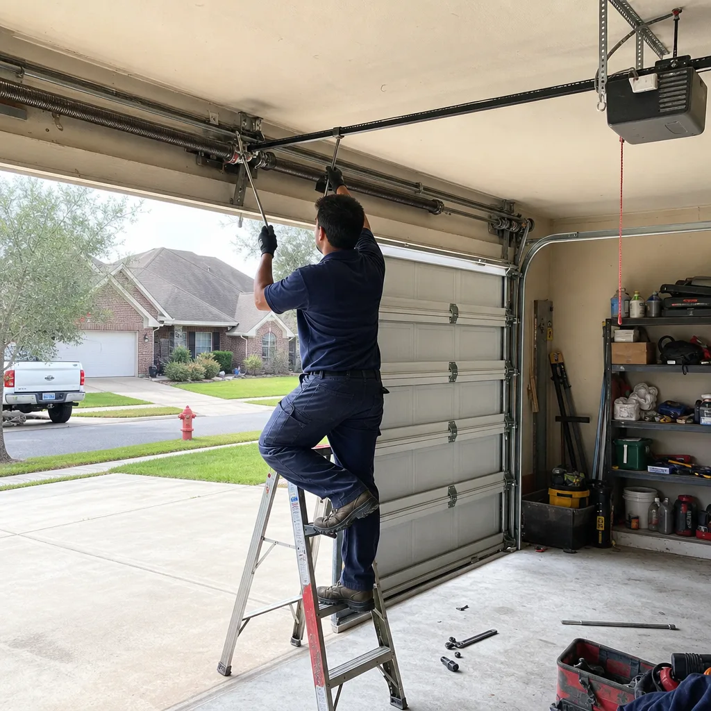 Technician performing professional garage door spring repair and maintenance