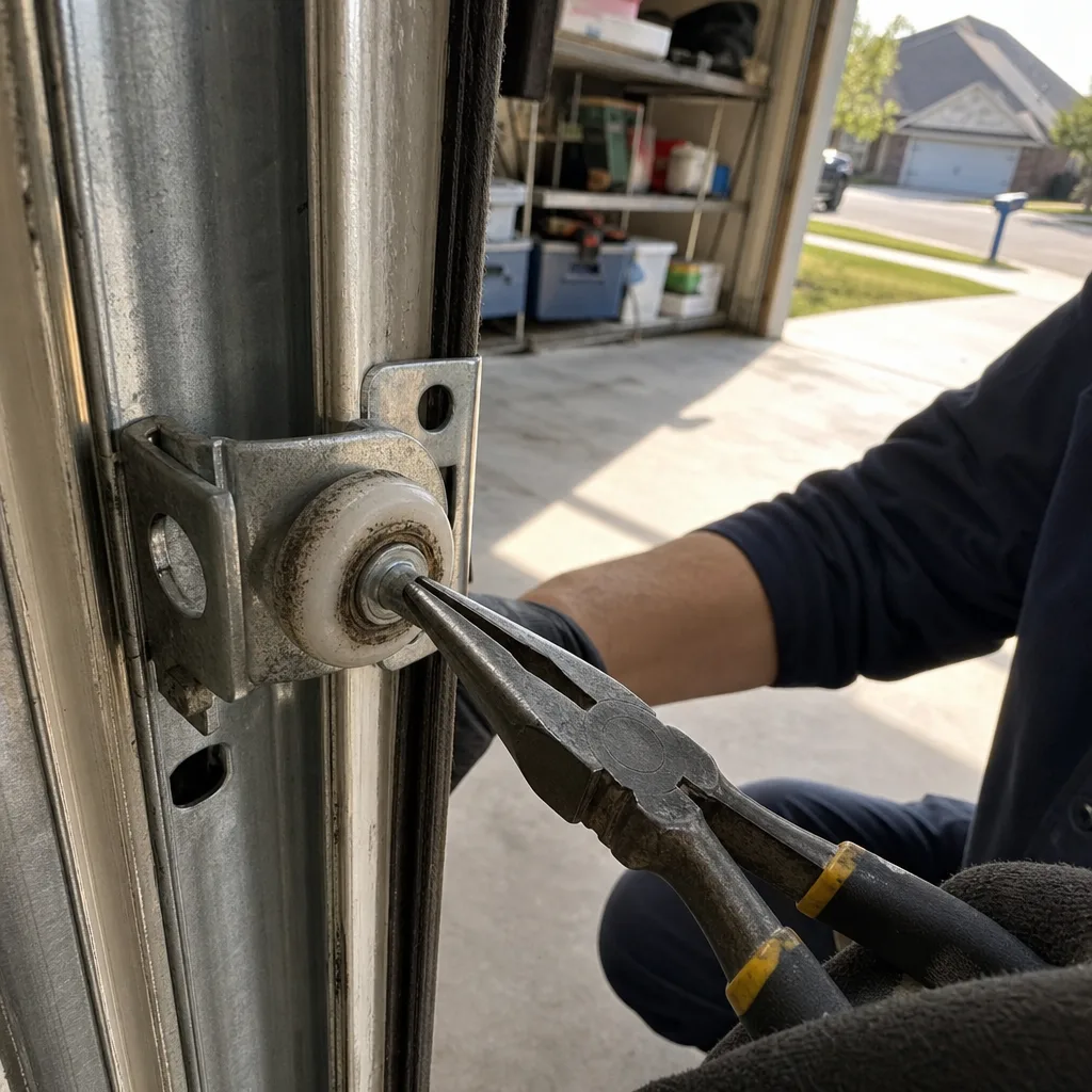 Technician using pliers to repair a garage door roller mechanism