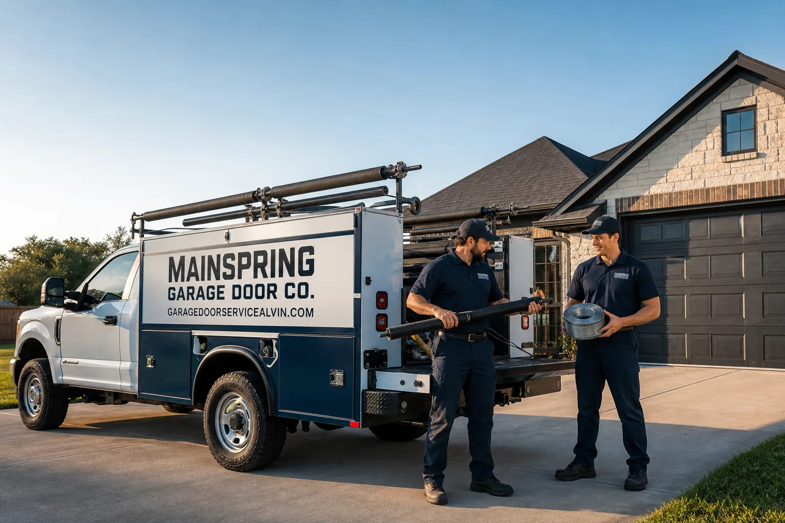 Mainspring Garage Door Co. garage door service vehicle and crew in Alvin, TX